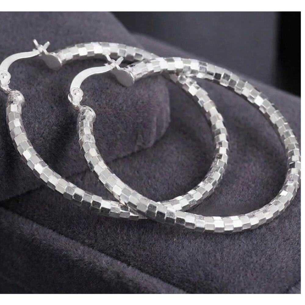 925 Stamp Silver Color 40CM Lattice Pattern/Disco Ball Hoop Earrings very light